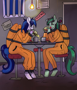 anthro burger cuff_(restraint) duo eating female food looking_at_another lunch messy prison prisoner restraints shackles sitting text wings anykoe hasbro my_little_pony mythology fan_character equid equine mammal mythological_creature mythological_equine pegasus hi_res
