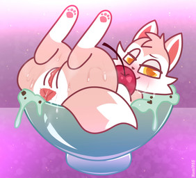 anus blush bodily_fluids butt cheek_tuft cherry closed_smile dessert dipstick_tail eyebrows facial_tuft feet female female_feral feral food food_fetish food_play fruit fur genitals glistening glistening_eyes half-closed_eyes hindpaw leg_markings legs_up looking_at_viewer lying markings mouth_closed multicolored_body multicolored_fur multicolored_tail narrowed_eyes on_back orange_eyes pawpads paws pie_cut_eyes pink_body pink_fur pink_pawpads pink_tail plant pointy_ears prick_ears quadruped red_anus smile smiling_at_viewer socks_(marking) solo sweat tail tail_markings text tuft two_tone_body two_tone_fur vulva white_body white_fur white_tail white_tail_tip nami955 chikn_nuggit milkshek_(chikn_nuggit) canid canine fox mammal 2026 artist_name digital_drawing_(artwork) digital_media_(artwork) hi_res