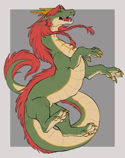 alternate_species ambiguous_gender back_mane braided_hair claws dragonification feral green_body green_eyes green_scales hair horn mane open_mouth pigtails red_mane scales simple_background solo tail_mane teeth tongue twin_braids yellow_claws yellow_horn min.k mythology touhou hong_meiling dragon mythological_creature mythological_scalie scalie wingless_dragon absurd_res hi_res female_(lore)