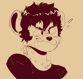 anthro black_clothing black_eyes black_hair black_nose black_shirt black_topwear clothing eyebrow_slit eyebrows fangs hair male shirt simple_background solo teeth topwear underbite ccaimeo unknown_species hi_res portrait