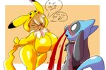 anime_nosebleed anthro big_breasts blood blue_body blue_fur blush bodily_fluids bottomwear breasts brown_body brown_fur chest_tuft clothed clothing costume curvy_figure dialogue duo excessive_nosebleed eyes_closed female fully_clothed fur hair happy larger_female looking_at_another male nosebleed pants pikachu_costume pokemon_costume size_difference smaller_male smile standing tuft voluptuous zipper solratic nintendo pokemon eve_(joaoppereiraus) canid eevee generation_1_pokemon generation_4_pokemon mammal pikachu pokemon_(species) riolu 2020 digital_drawing_(artwork) digital_media_(artwork) hi_res