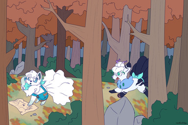 6_tails 7_tails badge black_body black_ear_tips black_ears black_fur black_tail blue_body blue_clothing blue_fur blue_kerchief blue_pawpads blue_sclera clothing dipstick_ears duo ear_markings feral forest fur fur_markings gradient_sclera grass green_body green_eyes green_fur green_hair hair kerchief leg_markings map markings messenger_bag multi_tail multicolored_ears open_mouth outside pawpads paws plant purple_hair quadruped smile socks_(marking) tail tree white_ears white_eyes white_hair white_tail motherlatias nintendo pokemon pokemon_mystery_dungeon spike_chunsoft rime_(rime) alolan_form alolan_vulpix generation_1_pokemon generation_7_pokemon generation_8_pokemon hisuian_form hisuian_zorua hybrid pokemon_(species) regional_form_(pokemon) vulpix 2026 hi_res