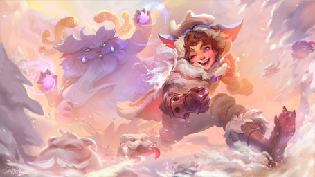 4_arms 4_fingers anthro antlers black_nose blue_body blue_eyes blue_fur blush boots bottomwear brown_eyebrows brown_hair cape claws clothed clothing detailed_background duo eyebrows facial_hair finger_claws fingers footwear fully_clothed fur gloves hair handwear hat headgear headwear horn lips male mane multi_arm multi_limb mustache one_eye_closed open_mouth overweight overweight_anthro overweight_male pants pink_inner_ear plant raised_arm running shoes smile snow snowball snowball_fight teeth text tongue tongue_out tooth_gap tree tusks white_body white_fur young dzikawa league_of_legends riot_games tencent nunu_(lol) poro_(lol) willump_(lol) human humanoid mammal poro yeti 16:9 2026 artist_name digital_drawing_(artwork) digital_media_(artwork) hi_res shaded signature wallpaper widescreen