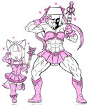 abs anthro armwear balls biped blush bottomwear clothing duo elbow_gloves female footwear genitals gesture gloves hair hand_gesture handwear magical_girl_outfit male muscular not_furry_focus open_mouth open_smile shoes simple_background skirt smile standing tail v_sign white_background skeleton265 domestic_cat felid feline felis humanoid mammal hi_res