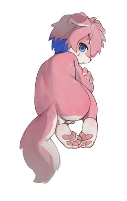 4_toes anthro backsack balls bent_over biped black_nose blue_eyes blue_highlights butt countershade_arms countershade_butt countershade_face countershade_feet countershade_fur countershade_hands countershade_tail countershading crossed_arms eyebrow_through_hair eyebrows feet fingers flaccid floppy_ears fluffy fluffy_hair folded_ears fur genitals grey_pupils hair highlights_(coloring) hindpaw humanoid_heel iris kemono kneeling kneeling_on_ground looking_at_viewer looking_back looking_back_at_viewer male male_anthro mouth_closed multicolored_body multicolored_fur nude nude_anthro nude_male pawpads paws penis pink_body pink_fur pink_hair pink_pawpads plantigrade plantigrade_pawpads pose pupils rear_view short_hair short_snout shota simple_background snout solo tail tasteful_nudity toes translucent translucent_hair two_tone_body two_tone_face two_tone_fur white_background white_balls white_body white_countershading white_eyebrows white_fur white_penis white_sclera young young_anthro young_male cfsy10 canid canine canis domestic_dog mammal full-length_portrait hi_res pinup portrait shaded