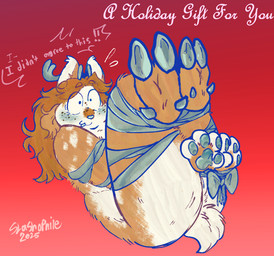 anthro bdsm blush blush_lines bondage bound feet female fluffy foot_focus freckled_face freckles fur genitals holidays hoof_focus hooves markings ribbon_bondage ribbons slightly_chubby solo spots spotted_body spotted_fur spotted_shoulders surprised vulva slashophile deerdree_(nestynankeen) deer domestic_cat felid feline felis hybrid mammal