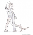 anthro armband binoculars biped breasts female gun hair holding_gun holding_object holding_ranged_weapon holding_weapon long_hair looking_at_viewer non-mammal_breasts ranged_weapon simple_background solo standing tail text weapon white_background bradydalton fish marine shark english_text