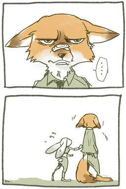 anthro band-aid band-aid_on_face bandage bandage_on_face bodily_fluids ears_down ellipsis female grumpy male pivoted_ears simple_background speech_bubble sweat text koma_(artist) disney zootopia judy_hopps nick_wilde canid canine fox lagomorph leporid mammal rabbit red_fox true_fox 2016 comic digital_media_(artwork)