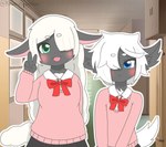 anthro asian_clothing black_body blue_eyes clothing duo east_asian_clothing female female/female fur gesture green_eyes hair hair_over_eye hand_gesture japanese_clothing school school_uniform uniform v_sign white_body white_fur wool_(fur) kawaiirosiechan bovid caprine mammal sheep absurd_res hi_res