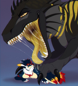 ambiguous_gender anthro black_body black_claws blue_body blue_fur blue_hair bodily_fluids claws duo female feral fur glistening glistening_eyes grey_body hair imminent_oral_vore imminent_vore multi_tail multicolored_hair narrowed_eyes nude orange_eyes red_body red_eyes red_fur red_hair saliva saliva_string sharp_teeth simple_background tail teeth two_tone_hair unsigned white_body white_fur yellow_body yellow_fur yellow_sclera santanahoffman mythology canid dragon mammal mythological_creature mythological_scalie scalie hi_res