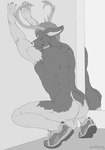 anthro antlers back_muscles backsack balls butt clothing crouching footwear footwear_only genitals horn male mostly_nude muscular muscular_anthro muscular_male raised_arms shoes shoes_only short_tail sneakers solo tail nilemonitor deer mammal monochrome