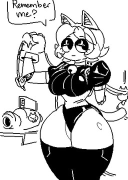 bell blank_expression blaster clothing female legwear machine solo tail thigh_highs newtype_hero unnamed_character humanoid robot robot_humanoid black_and_white low_res monochrome