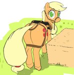 bdsm blonde_hair blush bridle cutie_mark empty_eyes eyebrows eyelashes female feral freckles green_eyes hair harness hay hay_bale hooves looking_at_viewer looking_back orange_body petplay ponyplay quadruped roleplay saddle solo tail yellow_tail ton618 friendship_is_magic hasbro my_little_pony applejack_(mlp) earth_pony equid equine horse mammal pony absurd_res hi_res