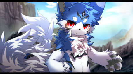 4_fingers anthro biped blue_body blue_fur blue_sky blurred_background blush blush_lines cute_fangs day fangs fingers fluffy fluffy_tail fur fur_markings grey_markings kemono light looking_at_viewer male markings mountain multicolored_body multicolored_fur outside pawpads paws red_eyes sky solo standing sunlight tail teeth white_body white_fur hlg7777 canid canine canis mammal wolf 2023 cel_shading chinese_description digital_drawing_(artwork) digital_media_(artwork) letterbox shaded soft_shading translated_description wallpaper