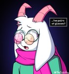 anthro clothing coat eyewear fur glasses goat_ears green_clothing green_coat green_topwear horn male multi_glasses pink_scarf scarf solo surprised_expression text text_box topwear white_body white_fur naughtyjester deltarune undertale_(series) ralsei spamton_g._spamton bovid caprine goat mammal english_text hi_res signature