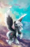 absurd_res blue_eyes cloud cutie_mark equid equine fan_character feathered_wings feathers feral grey_body grey_feathers hair hasbro heart_symbol hi_res hooves l1nkoln male mammal my_little_pony mythological_creature mythological_equine mythology pegasus sky smile solo standing white_hair wings