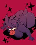 breasts clothed clothing eyelashes female fur glistening glistening_body glistening_breasts looking_at_viewer purple_tail red_background red_eyes sharp_teeth short_tail simple_background skimpy solo tail teeth tongue tongue_out glacierclear nintendo pokemon generation_1_pokemon gengar humanoid pokemon_(species) absurd_res hi_res