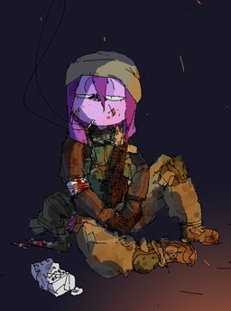 ambiguous_gender anthro bandage bandaged_arm blood bodily_fluids bruised cigarette clothing embers fur hat headgear headwear military military_uniform purple_body purple_fur sitting smoking smoking_cigarette soldier solo uniform warrior bravobunny bravo_(bravobunny) lagomorph leporid mammal rabbit digital_media_(artwork) hi_res pixel_(artwork)