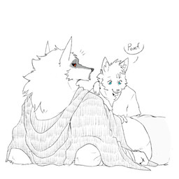 anthro arm_support belly_rub blue_eyes bottomwear cheek_tuft claws cloak clothing dialogue duo emanata facial_markings facial_tuft fluffy fur fuzzy half-closed_eyes hand_on_belly head_markings head_tuft inner_ear_fluff leaning leaning_backward looking_at_another looking_at_belly looking_at_partner looking_down lying male male/male markings mask_(marking) muscular muscular_anthro muscular_male narrowed_eyes neck_tuft on_back pants pointy_ears poncho prick_ears red_eyes romantic romantic_couple shirt simple_background size_difference smile speech_bubble text topwear touching_stomach tuft white_background harukaroto dreamworks puss_in_boots_(franchise) death_(puss_in_boots) haru_(haru_karoto) canid canine canis fox mammal wolf monochrome