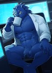 4_fingers abs anthro balls blue_body blue_fur blue_hair chair claws clothing container cup detailed_background drinking eyewear feet fingers fur furniture genitals glasses hair holding_container holding_cup holding_mug holding_object humanoid_genitalia humanoid_penis male mug muscular muscular_anthro muscular_humanoid muscular_male nipples office_chair pecs penis screen shirt sitting solo topwear vein veiny_penis white_clothing white_shirt white_topwear aledonrex marvel x-men beast_(marvel) humanoid hi_res