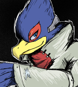 anthro beak blue_body blue_eyes blue_feathers clothing feathers fingers looking_aside male red_body red_feathers smile solo tuft nintendo-jr nintendo star_fox falco_lombardi avian bird 2015