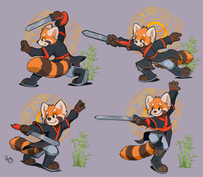 anthro bamboo black_clothing black_footwear black_topwear bottomwear brown_body brown_fur cheek_tuft clothed clothing facial_tuft footwear fur grey_background grey_bottomwear grey_clothing grey_pants head_tuft holding_melee_weapon holding_object holding_sword holding_weapon logo male markings melee_weapon mouth_closed orange_body orange_fur orange_tail pants simple_background solo standing striped_markings striped_tail stripes sword tail tail_markings topwear tuft weapon white_body white_fur young young_anthro young_male pandapaco ailurid mammal red_panda absurd_res artist_logo hi_res signature