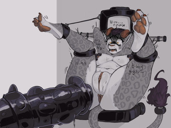 anthro anus big_breasts black_dildo bodily_fluids breasts brown_hair brown_tail_tuft butt cuff_(restraint) cuffed_ankles dildo female forced fur genitals grey_body grey_fur hair hands_behind_head huge_dildo imminent_rape imminent_sex leg_cuffs markings nude pasties paws restraints scared sex_toy simple_background snout solo spots spotted_body spotted_fur sweat sweaty_body sweaty_butt tail tail_cuff tail_tuft tears tuft vulva yellow_eyes furbo kayette felid feline mammal 2026 4:3 absurd_res hi_res