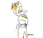 anthro beak carmen_miranda clothed clothing crossdressing feathers female fruit_hat jewelry makeup solo tail tail_motion tailwag croxovergoddess quill_wonderfowl anatid anseriform avian bird duck sketch