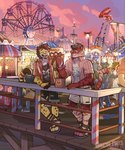 amusement_ride anthro biped bottomwear clothed clothing duo_focus ferris_wheel fingers food group hair hat headgear headwear horn male pretzel_(food) shorts tail greyy bovid canid canine cheetah felid feline mammal pantherine tiger hi_res