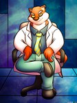 anthro bottomwear chair clothing furniture humanoid_hands male necktie pants shirt sitting solo topwear anilover16 brok_the_investigator cowcat_games dr._mink mammal mink mustelid musteline true_musteline 2024 3:4 hi_res