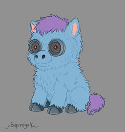 ambiguous_feral ambiguous_gender black_hooves blue_body blue_fur feral fur grey_background hair hooves horror_(theme) machine mouth_closed pink_inner_ear purple_hair purple_tail red_eyes robot_eyes simple_background sitting smile solo tail text what young young_ambiguous young_feral squeegull fluffy_pony fluffy_pony_(species) mammal robot 2025 artist_name digital_media_(artwork) hi_res