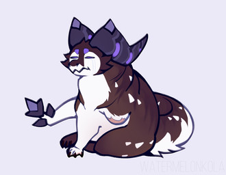 amputee black_claws bodily_fluids brown_body brown_fur brown_tail cheek_tuft claws crying disability facial_tuft feral fur horn missing_arm mouth_closed narrowed_eyes purple_eyes purple_horn semi-anthro simple_background sitting solo tail tears text tuft white_body white_fur white_tail kolaa artist_name