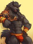 abs anthro biceps black_body black_fur bracelet bulge clothed clothing fur jewelry male muscular muscular_anthro muscular_male pecs red_eyes solo topless underwear rabbity zephere canid canine canis mammal wolf 2016