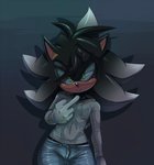 bulge clothing gesture green_eyes hand_gesture male middle_finger simple_background solo thick_thighs soina sega sonic_the_hedgehog_(series) cody_hedgie fan_character eulipotyphlan hedgehog humanoid mammal hi_res