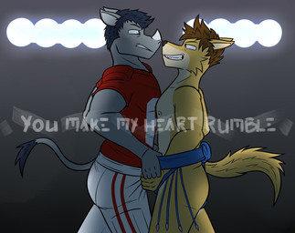 anthro asian_clothing butt chest_to_chest clothing clothing_grab duo east_asian_clothing face_to_face football_gear football_pants football_uniform glaring_at_another horn japanese_clothing male male/male mawashi mawashi_only muscular muscular_anthro muscular_male nipples sexual_tension spotlight standing stare tail text wolf_tail fuze you_make_my_heart_rumble kameron_(fuze) ryley_(fuze) canid canine canis mammal rhinoceros wolf shaded