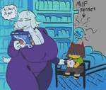 ambiguous_gender anthro big_breasts bone breasts brown_hair clothed clothing female fully_clothed fur grocery_store hair horn huge_breasts male mature_female shopping shopping_cart skeleton text voluptuous_anthro voluptuous_female white_body white_fur young young_human mooncheese deltarune undertale_(series) kris_(deltarune) sans_(undertale) toriel boss_monster_(undertale) bovid caprine goat human humanoid mammal hi_res