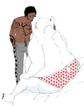 abs anthro belly big_butt blush blush_lines bottomwear briefs butt clothed clothing dark_body dark_skin duo eyes_closed facial_hair fur kiss_on_lips kissing male male/male male_anthro male_human muscular muscular_human muscular_male overweight overweight_anthro overweight_male panties pants pattern_clothing pattern_underwear size_difference smile sweatpants tail tattoo topless topless_anthro topless_human topless_male underwear underwear_only white_body white_fur nekokat42 one_piece bepo_(one_piece) trafalgar_law bear human mammal polar_bear ursine hi_res