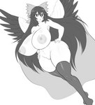 abs areola big_breasts breasts clothing female genitals huge_breasts legwear nipples not_furry pussy thick_thighs thigh_highs wide_hips wings jadf touhou utsuho_reiuji humanoid winged_humanoid hi_res monochrome