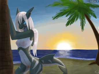 anthro beach belly blue_body blue_eyes breasts female fin genitals hair looking_at_viewer multicolored_body navel nipples non-mammal_breasts nude seaside seductive solo sunset teal_body two_tone_body vulva white_hair k4cea aquatic fish shark hi_res