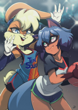 4_fingers anthro ball basketball basketball_(ball) basketball_uniform blonde_hair blue_eyes blue_hair bodily_fluids breasts brown_body brown_fur buckteeth clothed clothing cotton_tail duo eye_contact female fingers fluffy fluffy_tail fur gloves hair handwear long_ears looking_at_another shirt sportswear sweat tail tank_top teeth text text_on_clothing text_on_shirt text_on_tank_top text_on_topwear topwear tune_squad_outfit tune_squad_outfit_(2021) uniform white_clothing white_gloves white_handwear delux brand_new_animal looney_tunes space_jam space_jam:_a_new_legacy studio_trigger warner_brothers lola_bunny michiru_kagemori canid canine lagomorph leporid mammal rabbit raccoon_dog tanuki 2021 crossover digital_media_(artwork) english_text hi_res signature
