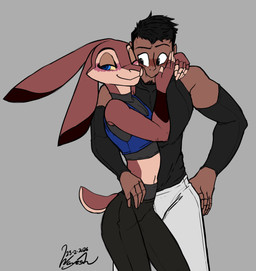 anthro arm_warmers armwear blue_eyes blush brown_body brown_fur clothing crop_top duo face_squish femboy fur hand_on_face hand_on_hip human_on_anthro interspecies male male/male midriff multicolored_body multicolored_fur navel pressing_against shirt smile squish standing tan_body tan_fur tight_clothing topwear two_tone_body two_tone_fur wayesh azaan_(wayesh) muzakir_(wayesh) hare human lagomorph leporid mammal hi_res signature andromorph_(lore)