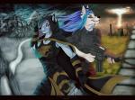 5_fingers anthro black_lips black_nose blue_hair breasts clothed clothing detailed_background duo female fingers fur gun hair lips outside pink_hair ranged_weapon smile standing weapon white_body white_fur dark_guardian_corporation canid canine canis mammal wolf hi_res letterbox