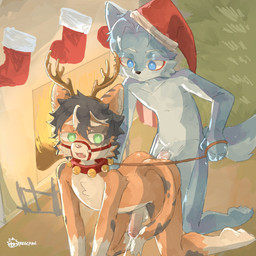 5_fingers all_fours anal anal_orgasm anthro anthro_on_anthro antlers arm_markings arm_tuft balls bell bell_collar black_nose blue_eyes blush body_blush brown_body brown_fur chest_tuft christmas_clothing christmas_headwear clothing collar dipstick_tail duo ear_markings ejaculation eye_markings facial_tuft fingers fireplace foreskin from_behind_position fur genitals gloves_(marking) green_eyes grey_body grey_fur grey_hair grey_markings hair hands-free hat headgear headwear holidays horn humanoid_genitalia humanoid_penis inner_ear_fluff kemono kneeling leash leg_markings legwear male male/male male_anthro markings nude_male open_mouth orange_body orange_fur orgasm penetration penile penile_penetration penis penis_blush plant presenting red_nose santa_hat sex shoulder_tuft socks_(marking) stockings tail tail_markings tree tuft white_balls white_body white_fur white_hair white_inner_ear white_inner_ear_fluff white_penis young young_anthro young_male young_on_young young_penetrated young_penetrating regcron christmas canid canine felid feline mammal 1:1 2025 hi_res signature