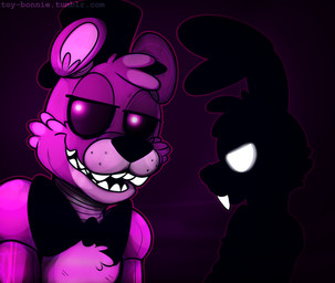 anthro bow_(feature) bow_tie clothing dark duo glowing glowing_eyes hat headgear headwear machine male top_hat toy-bonnie five_nights_at_freddy's scottgames shadow_bonnie_(fnaf) shadow_freddy_(fnaf) animatronic bear lagomorph leporid mammal rabbit robot purple_theme