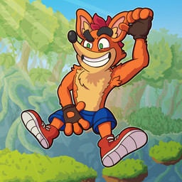 anthro blue_bottomwear blue_clothing blue_shorts bottomwear clothing eyebrows fingerless_gloves footwear gloves green_eyes hair hand_over_crotch handwear jumping light light_beam male orange_body outline raised_hand red_clothing red_footwear red_hair red_shoes shoes shorts smile smirk solo sunbeam sunlight thick_eyebrows archth activision crash_bandicoot_(series) crash_bandicoot bandicoot mammal marsupial 1:1 cel_shading hi_res shaded