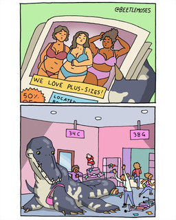 advertisement bra breasts claws cleavage clothed clothing clothing_store destruction female feral first_person_view grey_body grey_scales group hair inside magazine mall name_tag nude overweight partially_clothed price_listing purse running running_away sad scales scared sharp_teeth size_difference solo store tan_body tan_scales teeth text trio underwear beetlemoses aquatic human liopleurodon mammal plesiosaur pliosaur prehistoric_species reptile scalie 2024 4:5 comic digital_media_(artwork) english_text hi_res