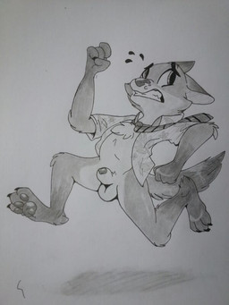 3_toes animal_genitalia animal_penis anthro balls biped bottomless claws clothed clothing feet fur genitals hair hindpaw looking_back male necktie pawpads paws penis penis_tip sheath shirt simple_background solo teeth toe_claws toes topwear white_background backsash disney zootopia nick_wilde canid canine fox mammal red_fox true_fox 2016 3:4 monochrome traditional_media_(artwork)