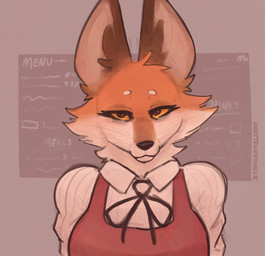 anthro big_ears black_nose breasts cheek_tuft clothed clothed_female clothing facial_tuft female front_view fully_clothed fully_clothed_female fur looking_at_viewer menu orange_body orange_fur restaurant shirt solo topwear tuft waiter whiskers yellow_eyes unattendedmilk canid canine fox mammal bust_portrait hi_res portrait