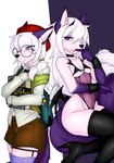 anthro duo eyewear femboy fur glasses horn male nerd pink_body pink_fur reflection simple_background white_background greedmasterh akukun necronomicon arctic_fox canid canine demon fox mammal succubus true_fox hi_res