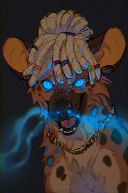 ambiguous_gender black_background black_nose blonde_hair blue_eyes blue_markings brown_markings brown_spots cheek_tuft dreadlocks ear_piercing facial_tuft fangs feral fur glowing glowing_eyes hair hair_bun jewelry looking_at_viewer markings necklace necklace_only nude open_mouth piercing round_ears simple_background solo spots spotted_body spotted_fur spotted_markings teeth tuft azzai hyena mammal spotted_hyena 2023 2:3 colored colored_sketch digital_drawing_(artwork) digital_media_(artwork) shaded sketch